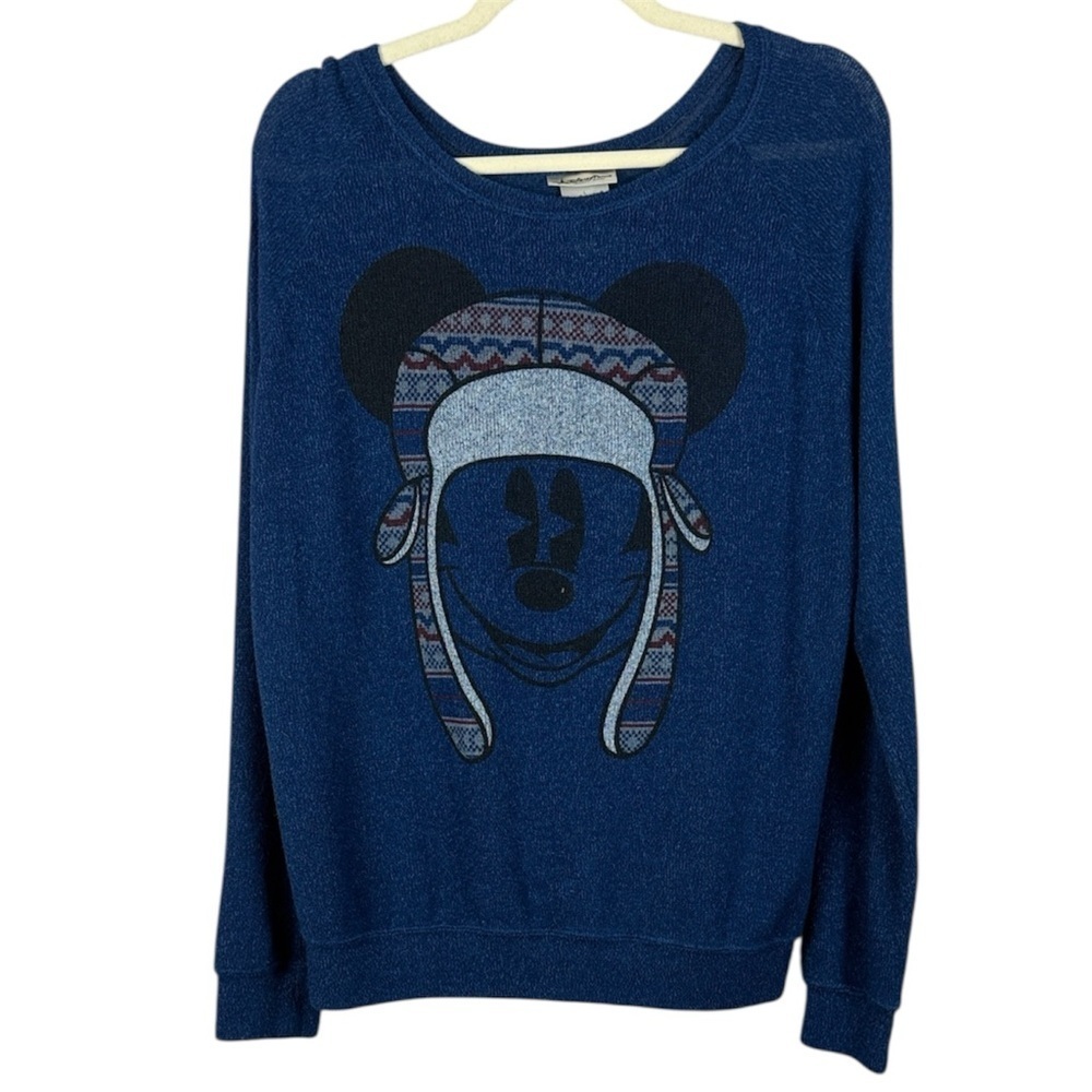 Disney Parks Blue Mickey Winter Hat Graphic Scoop Neck Long Sleeve Large Sweater